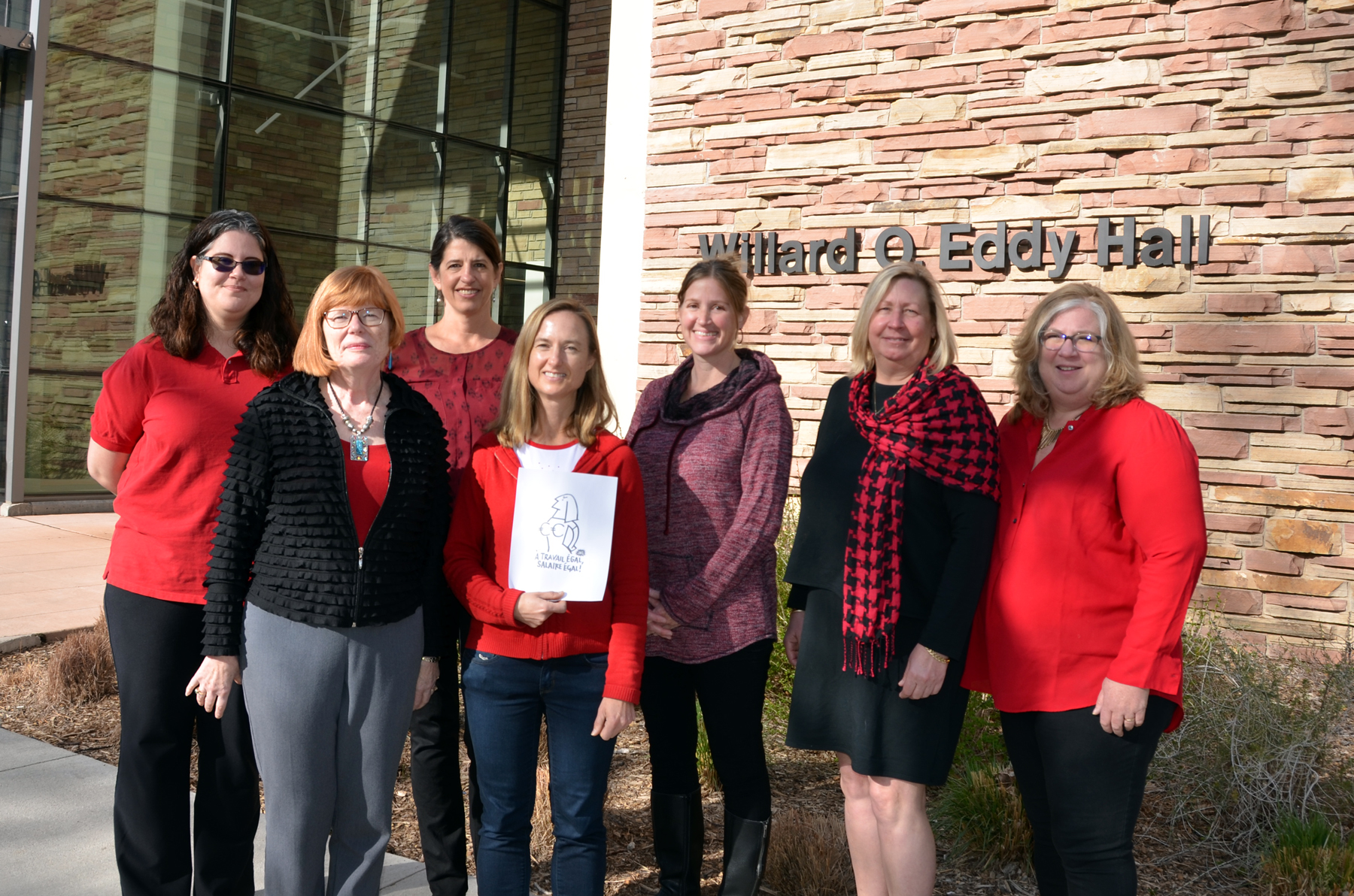 Women leaders wear red in solidarity with Equal Pay Day