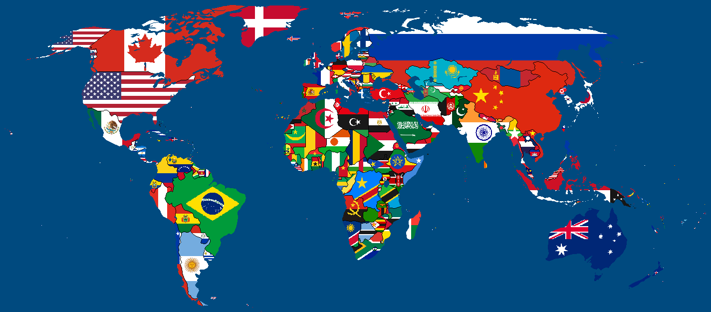Map of the world with each country flag imposed in their land area