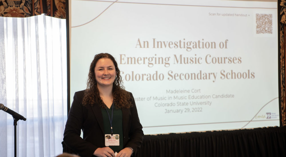 Maddy Cort presenting her research about emerging music courses in Colorado Secondary Schools
