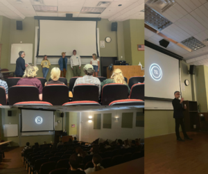 Three photo collage. Photo 1: an audience in a theater listens to a group of students speak. Photo 2: a man speaks at the front of a theater with the Through the Student Lens logo up on the screen behind him. 3: An audience sits in a theater, looking at a screen featuring the Through the Student Lens logo.
