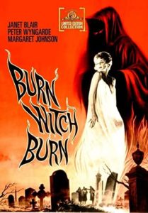 Movie poster for "Burn Witch Burn" with red background featuring a ghostly woman over a graveyard and a looming black cloaked figure in the background