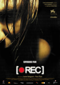 Movie poster for "[REC]" looking like the "record" button on a camera, featuring a closeup of part of a person's face with long hair covering it