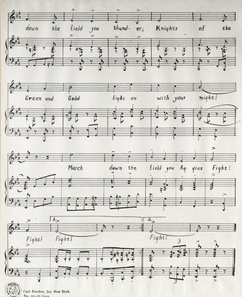 Page two of the score of the 'Aggie Fight Song,' words and music by Richard F. Bourne; Piano acc. by Gregory Bueche, 1938. (CSU Library Archive)
