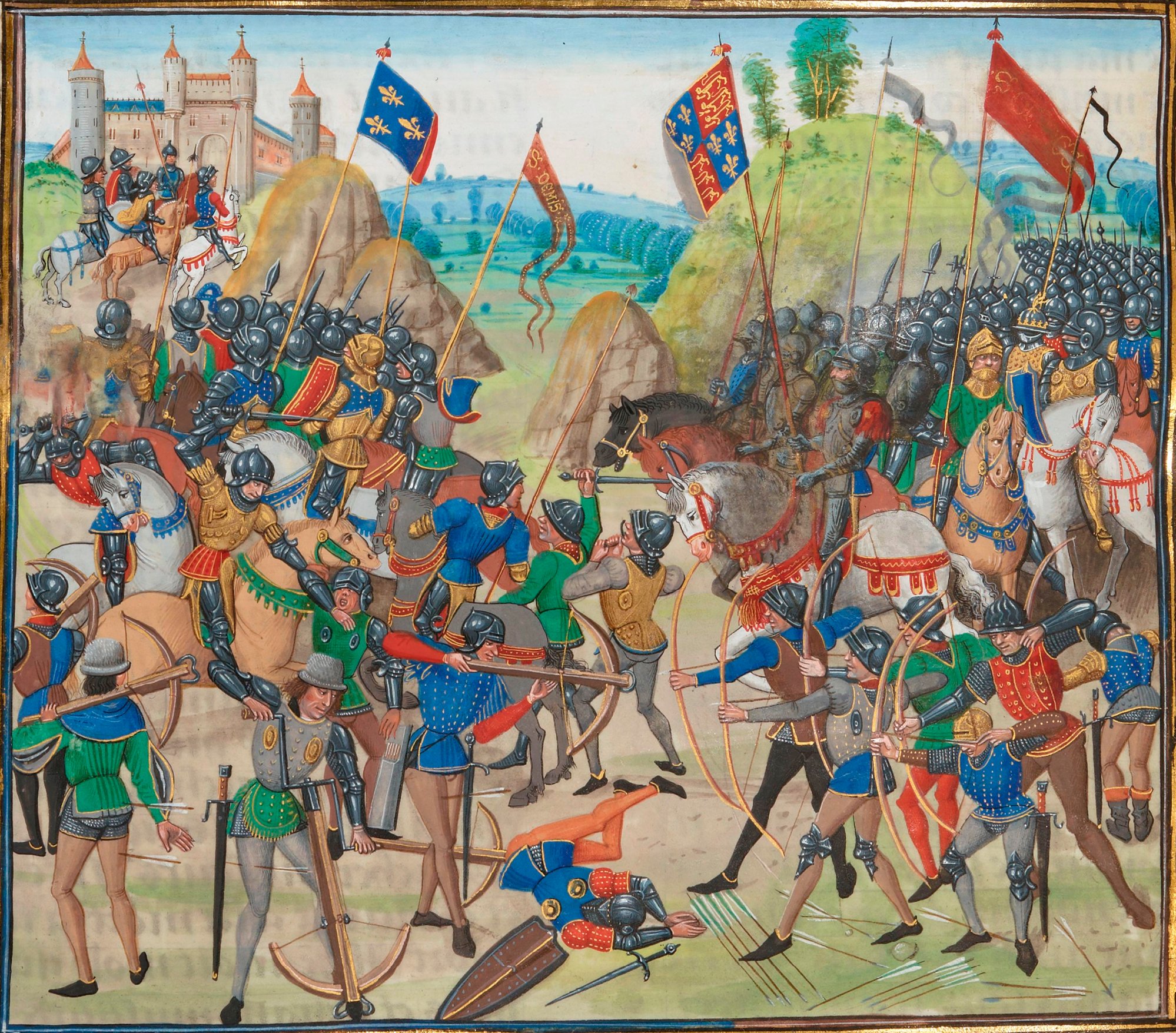 An illustration of the Battle of Crécy on 26 August 1346 CE between the armies of Edward III of England (r. 1327-1377 CE) and Philip VI of France (r. 1328-1350 CE). Edward was victorious thanks to his troops' experience, discipline and use of the longbow. From a manuscript copy of Jean Froissart's 'Chronicles', 15th century CE. (National Library of France, Paris)