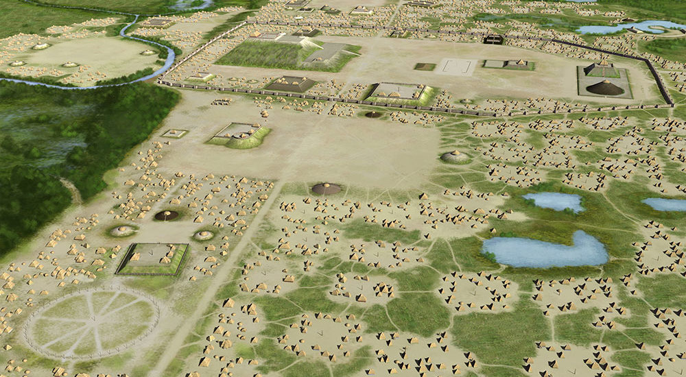 Artists conception of the Mississippian culture Cahokia Mounds Site in Illinois.