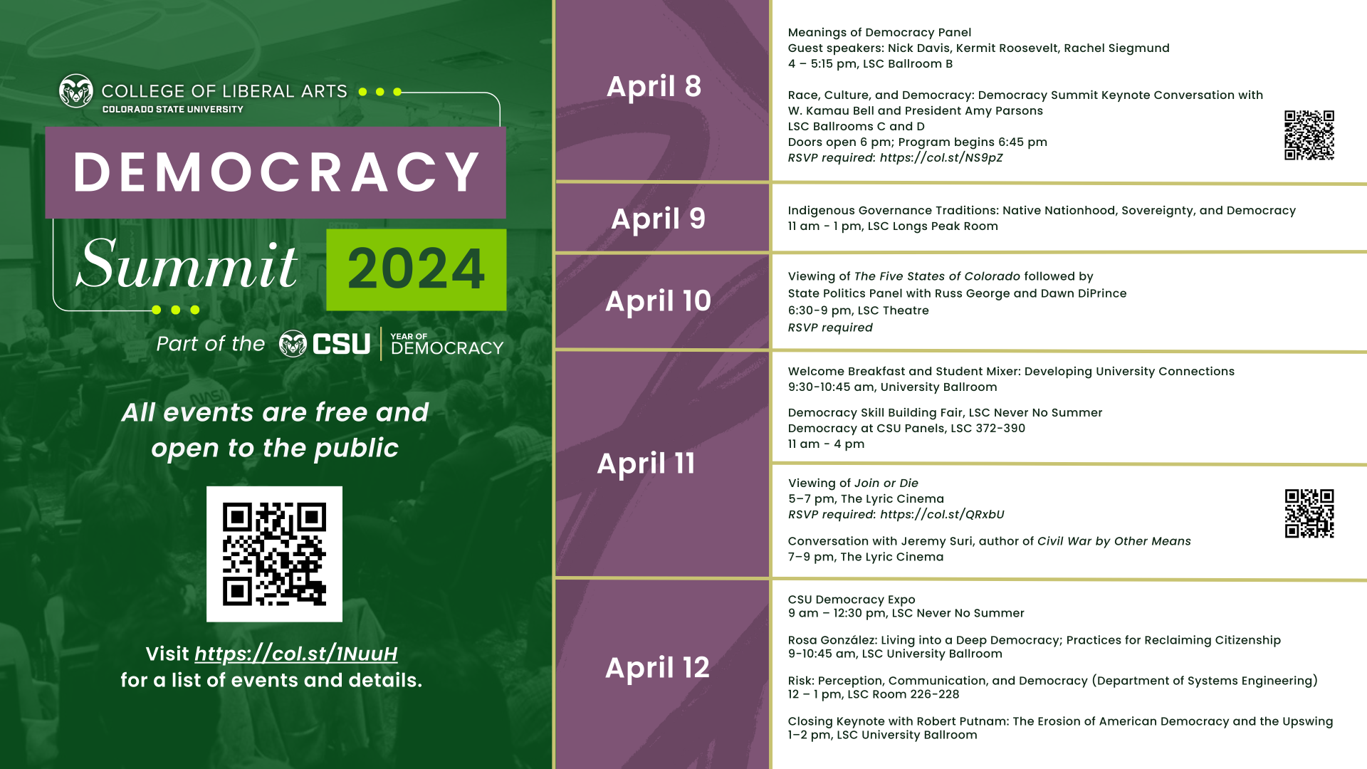 A list of the events happening during the CSU Democracy Summit April 8 - 12, 2024