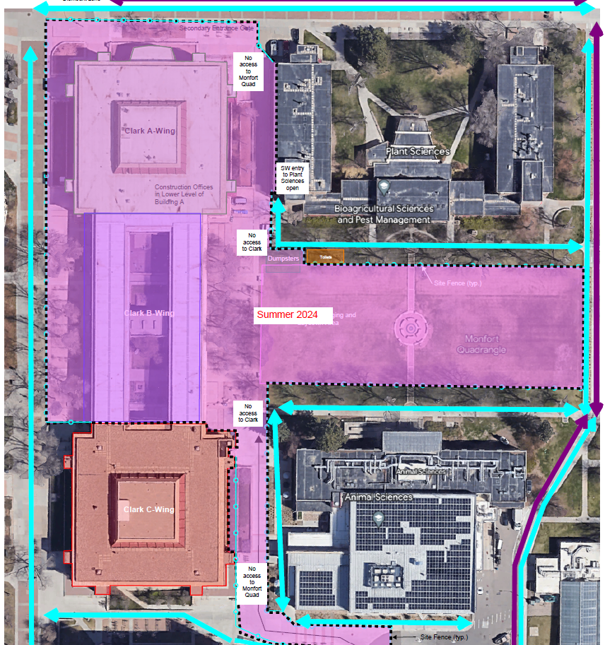 Map showing the fenced off areas surrounding Clark A and B as well as the Monfort Quad.