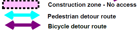 Map key: purple is construction zone and no access. blue arrow is pedestrian detour route. purple area is bicycle detour route.
